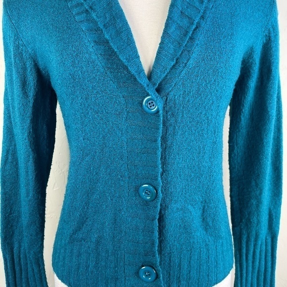 Vintage Teal Turquoise Wool Blend Button Down V neck Long Sleeve Cardigan - Picture 6 of 15